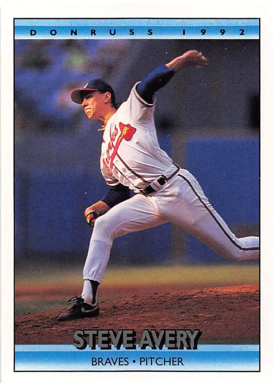 Steve Avery delivering pitch in Atlanta Braves uniform on 1992 Donruss baseball card