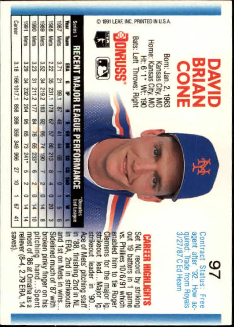David Cone New York Mets baseball card featuring player in blue cap from 1992 Donruss