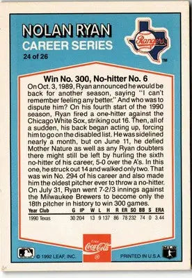 Nolan Ryan baseball card from 1992 Donruss Coca-Cola Nolan Ryan collection
