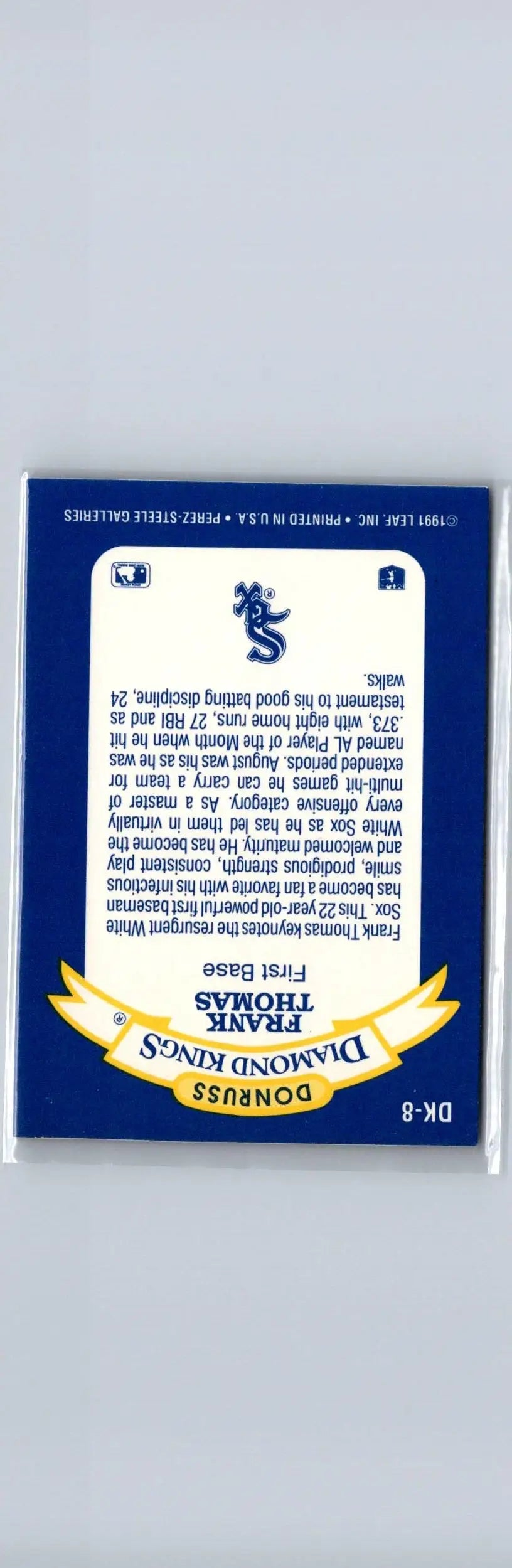 Back of a Frank Thomas Diamond Kings baseball card from 1992 Donruss #DK-8