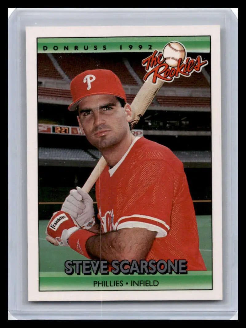 1992 Donruss baseball card of Steve Scarsone, infielder for the Philadelphia Phillies