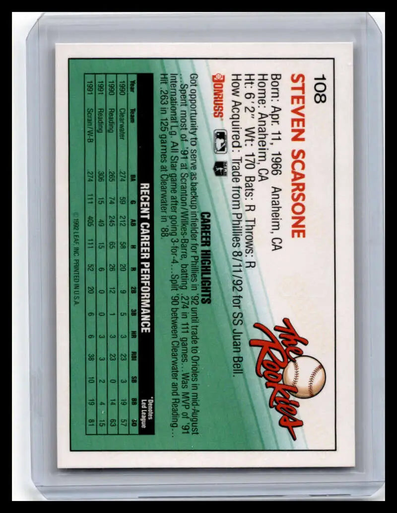 1992 Donruss The Rookies Steve Scarsone baseball card on green background with stats panel