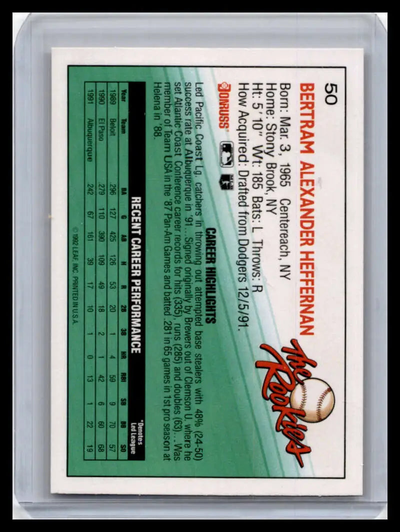 Back view of 1992 Donruss Bert Heffernan Seattle Mariners Baseball Card with stats