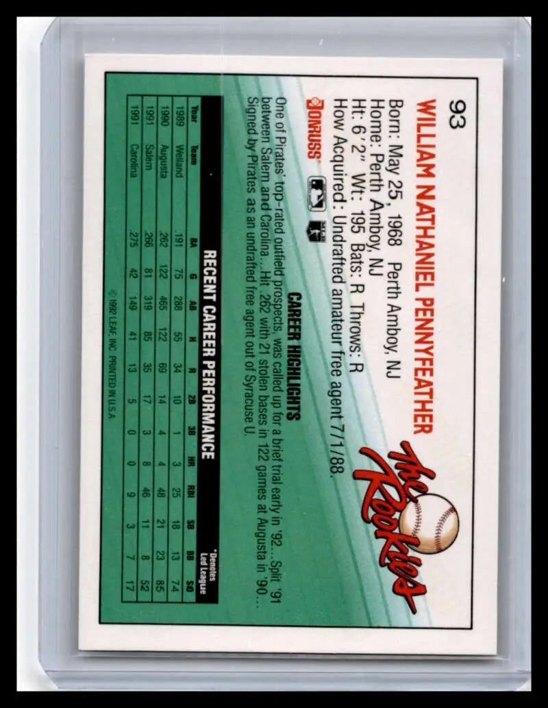 1992 Donruss The Rookies #93 Will Pennyfeather Pittsburgh Pirates baseball card