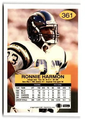 1992 Fleer #361 Ronnie Harmon trading card showcasing the football player Ronnie Harmon