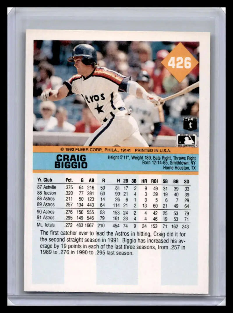 Baseball card featuring Craig Biggio at bat for the Houston Astros baseball team