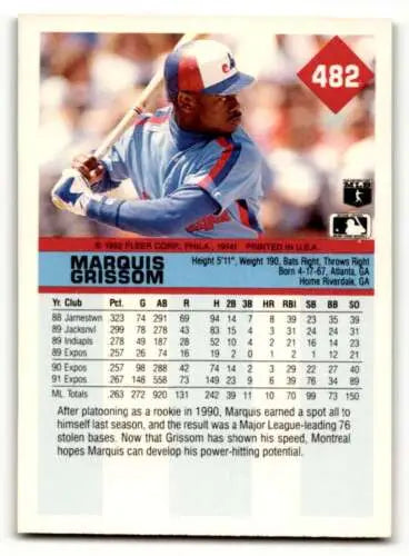 1992 Fleer #482 Marquis Grissom Montreal Expos Baseball Card with original gloss finish
