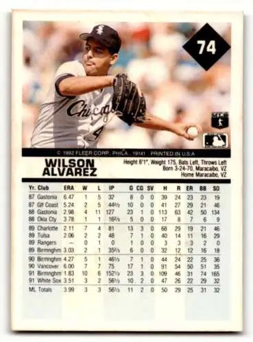 Baseball card back of 1992 Fleer #74 Wilson Alvarez Chicago White Sox with original gloss