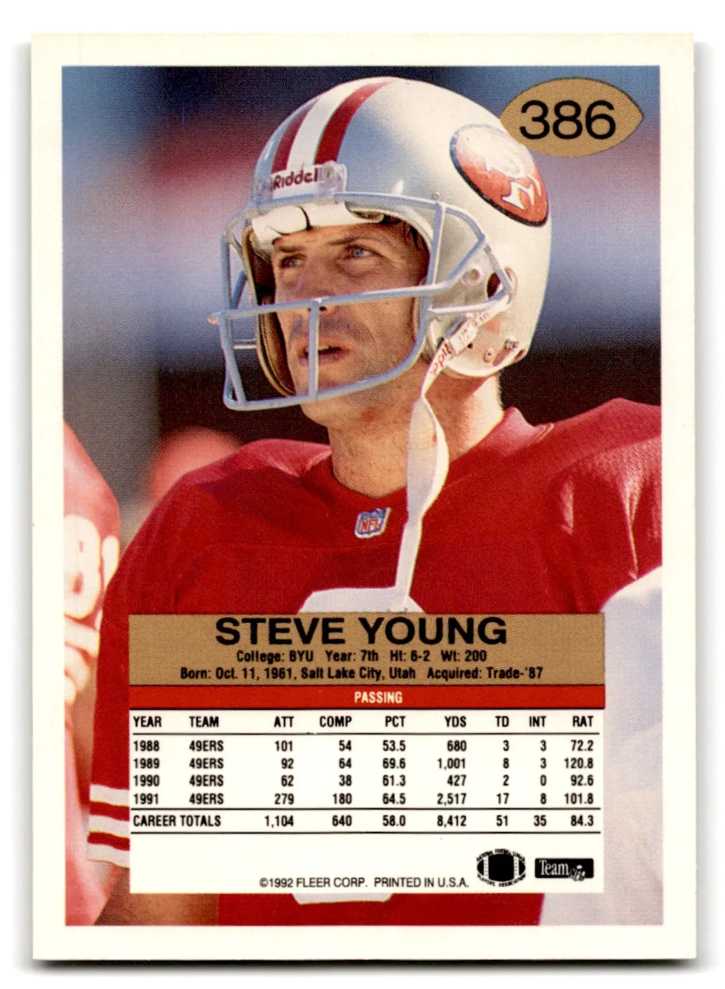 Football trading card of Steve Young from 1992 Fleer Football series featuring San Francisco 49ers