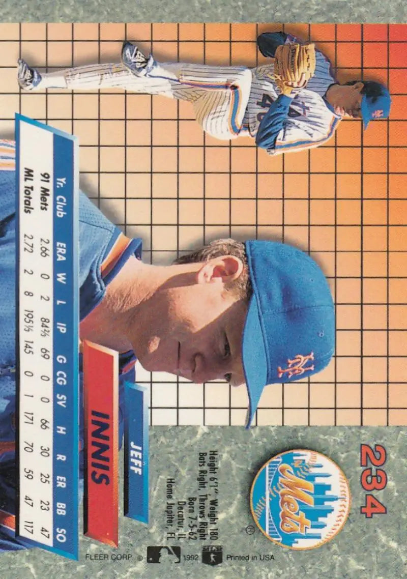 Baseball card featuring Jeff Innis in New York Mets blue uniform and cap