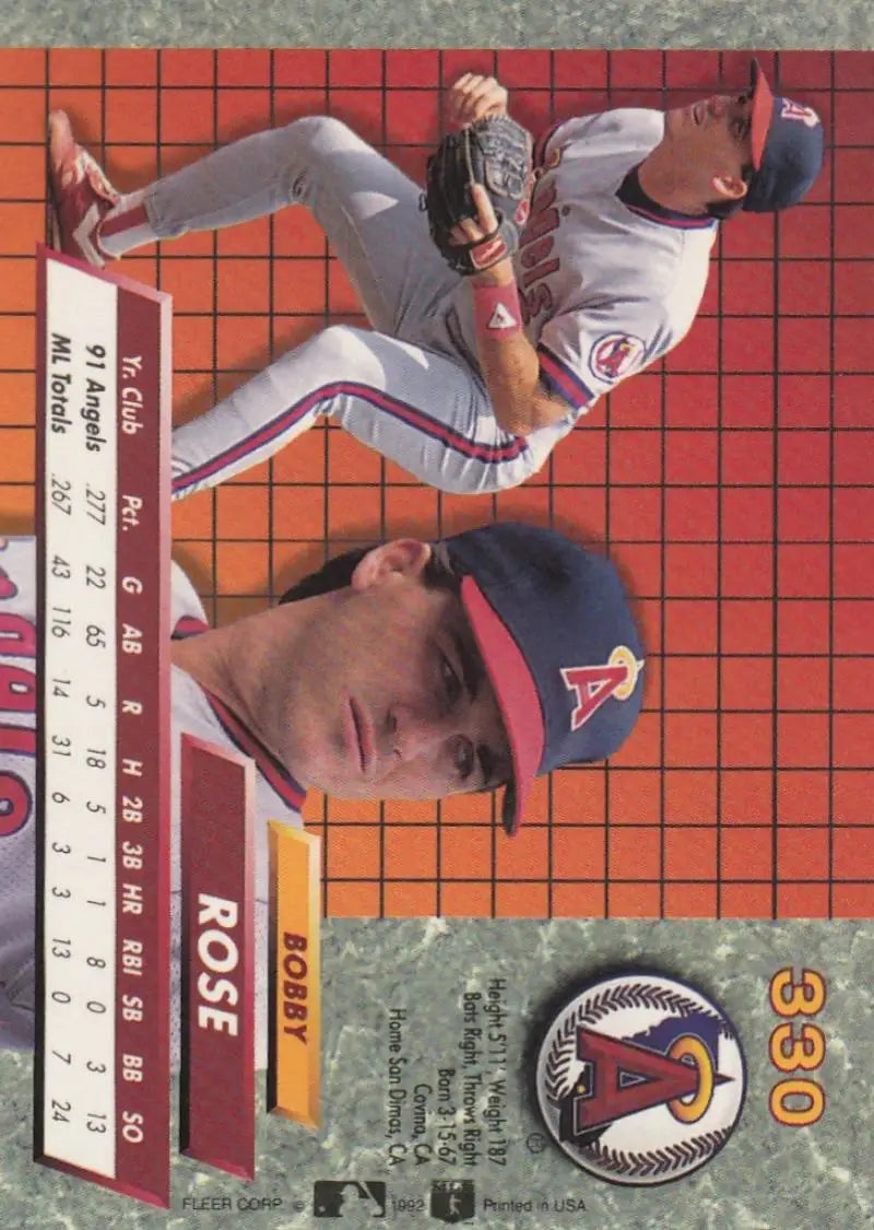 Bobby Rose California Angels baseball card in a gray uniform with red grid background