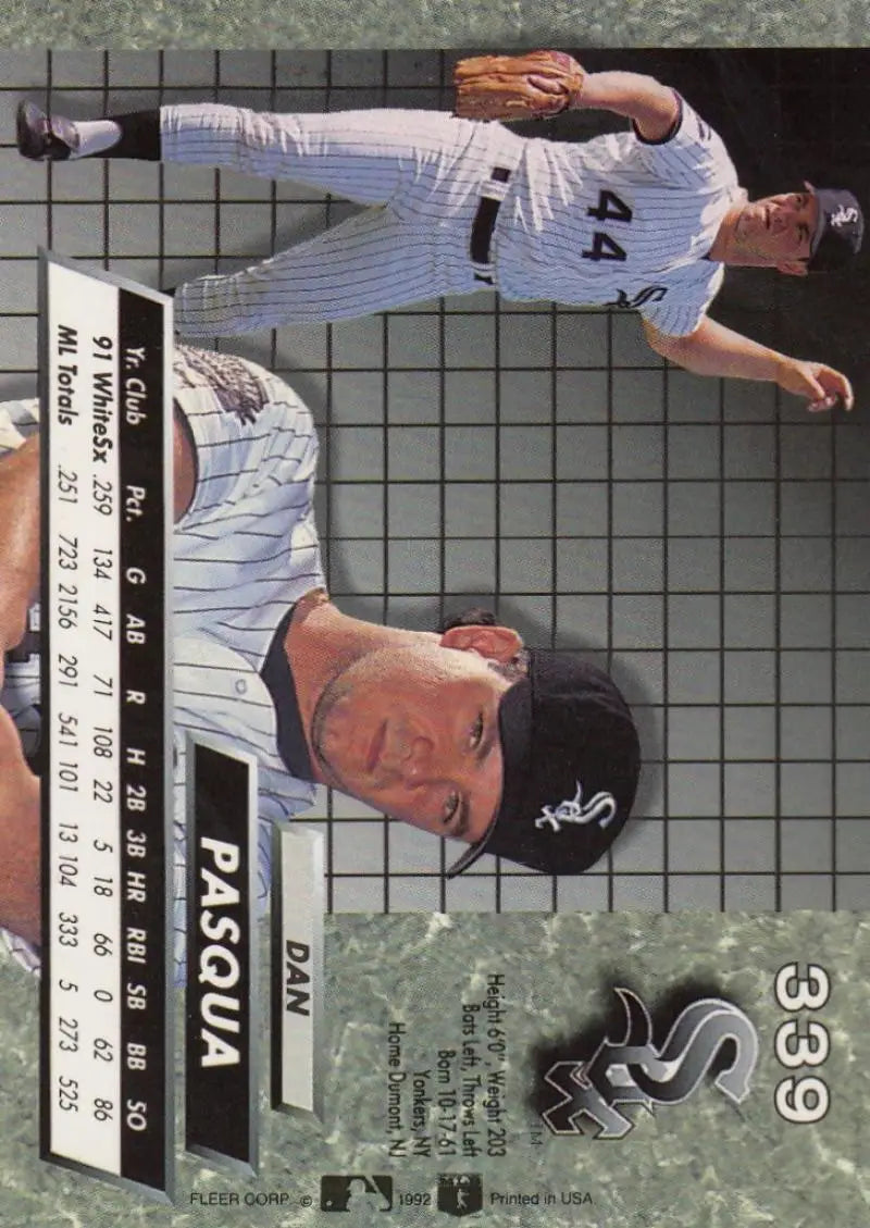 Baseball card of Dan Pasqua in Chicago White Sox pinstriped uniform, 1992 Fleer Ultra