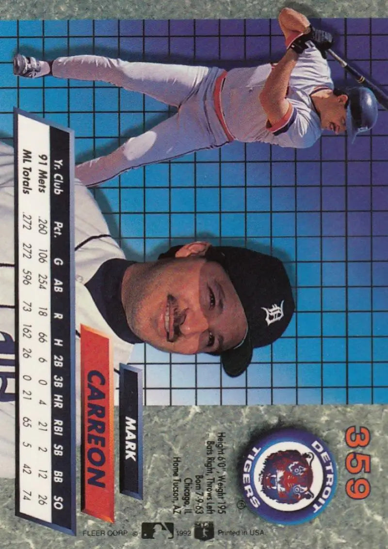 1992 Fleer Ultra Mark Carreon Detroit Tigers Baseball Card in portrait and action poses