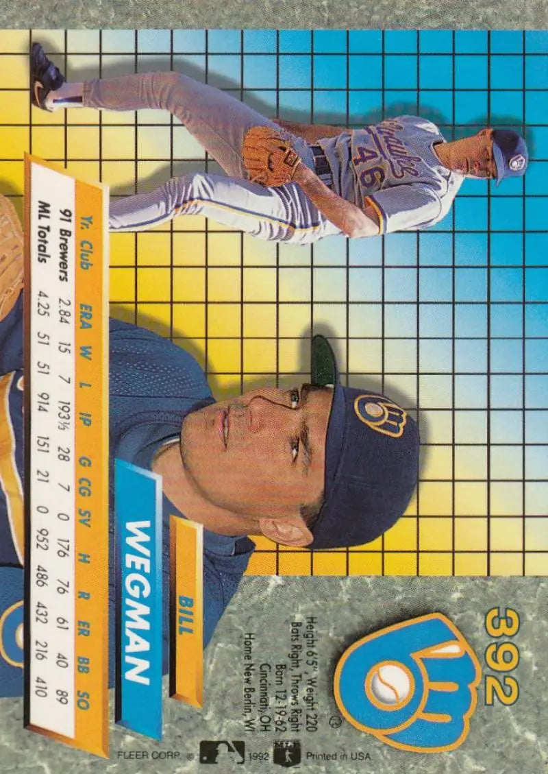 1992 Fleer Ultra #392 Bill Wegman Milwaukee Brewers Baseball Card in navy cap