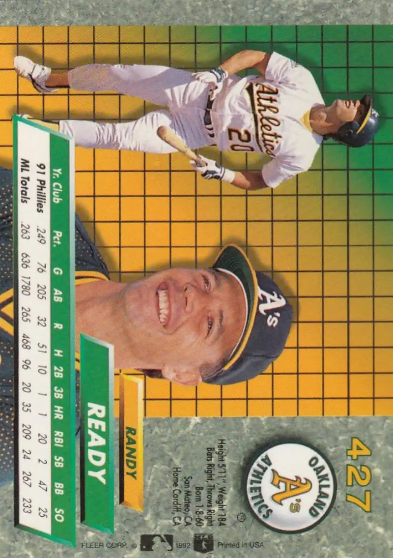Randy Ready Baseball Card featuring Oakland Athletics portrait and action shot