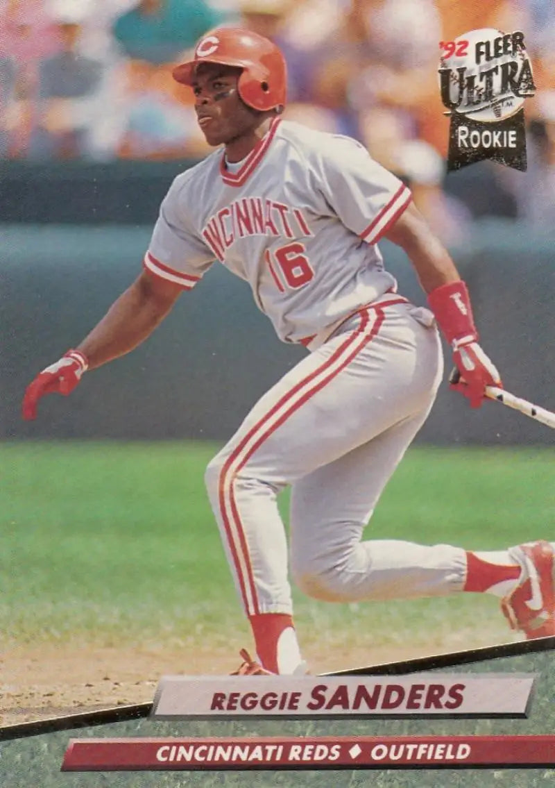 Reggie Sanders Cincinnati Reds baseball card in white uniform with red trim