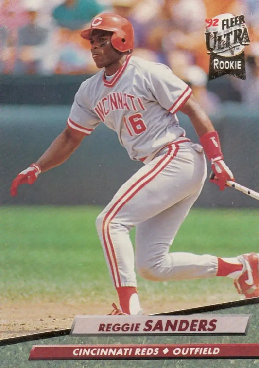 Reggie Sanders Cincinnati Reds baseball card in white uniform with red trim