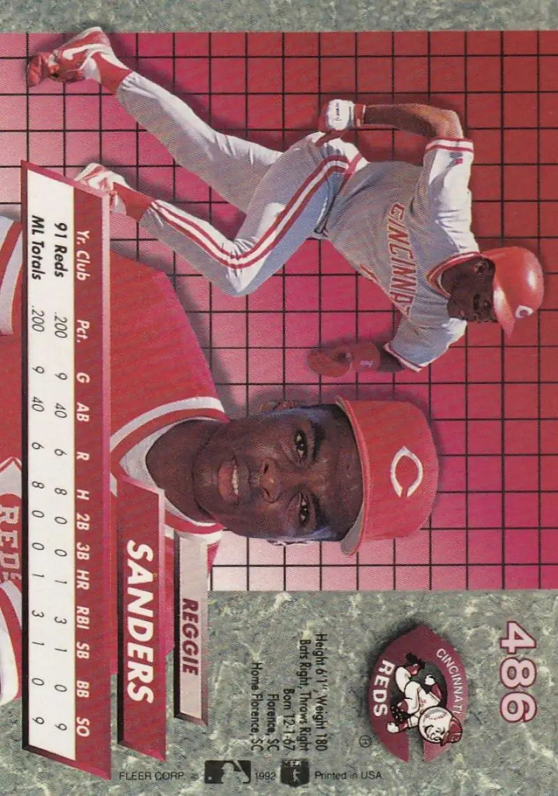 Baseball card of Reggie Sanders with a red grid background, Cincinnati Reds display