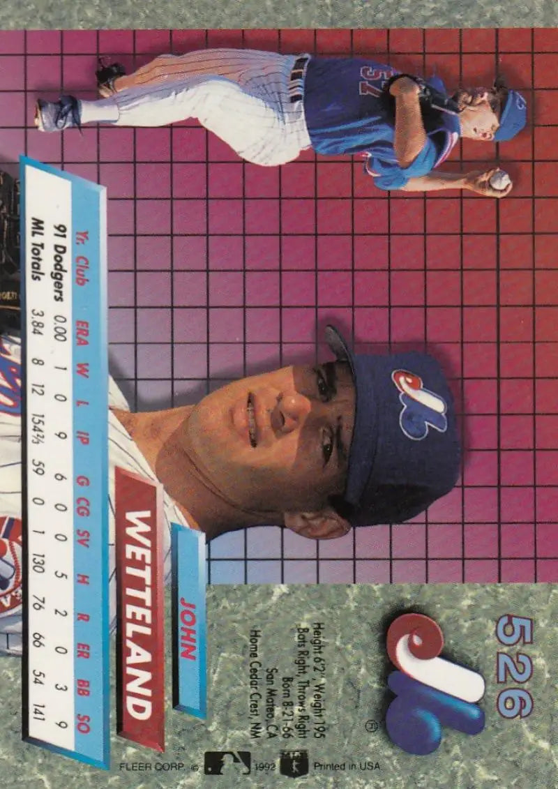 1992 Fleer Ultra #526 John Wetteland Montreal Expos Baseball Card front view