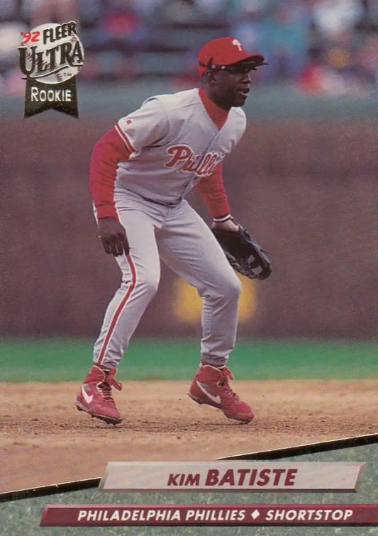 Baseball player in fielding stance on 1992 Fleer Ultra Kim Batiste Baseball Card