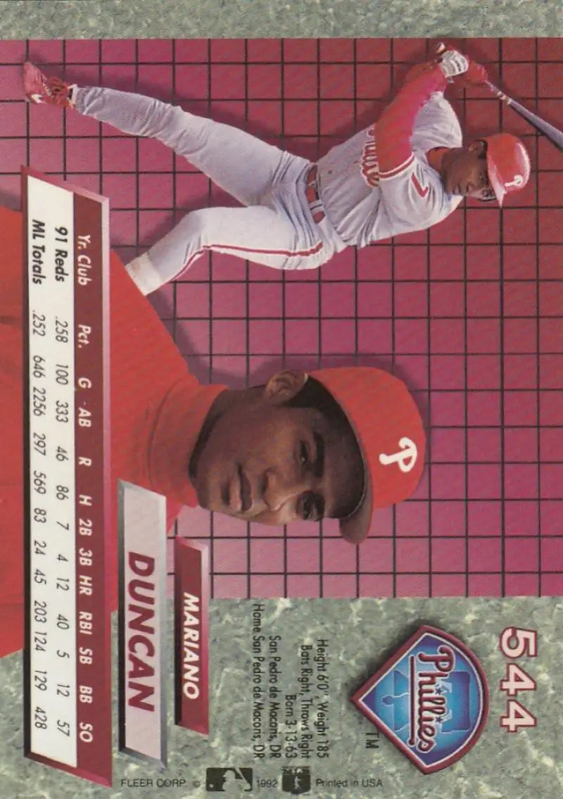 Mariano Duncan diving catch on 1992 Fleer Ultra baseball card against red background
