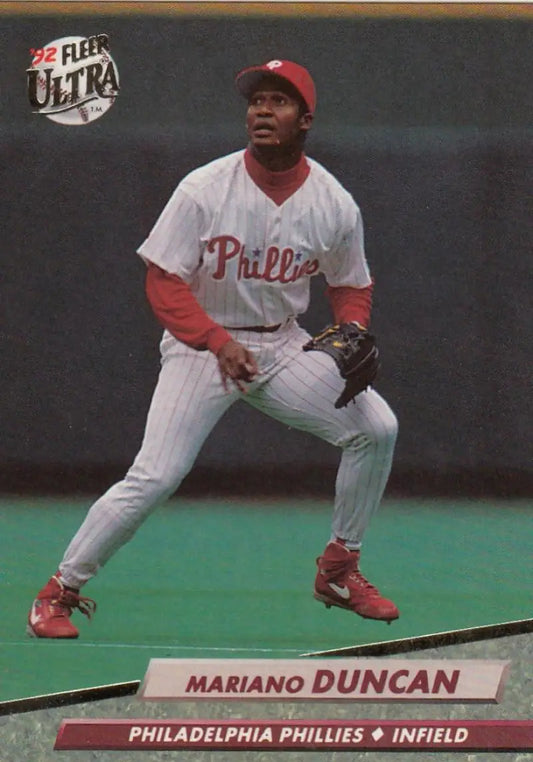 Mariano Duncan in white Phillies uniform fielding stance on 1992 Fleer Ultra baseball card