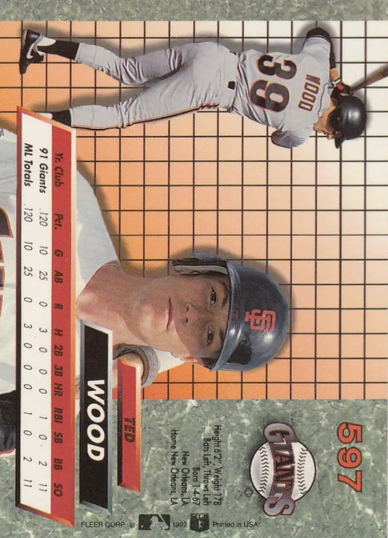 1992 Fleer Ultra #597 Ted Wood Baseball Card featuring San Francisco Giants player batting