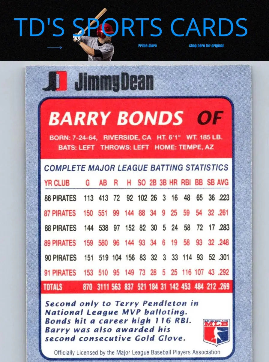 Barry Bonds 1992 Jimmy Dean #2 baseball trading card collectible image