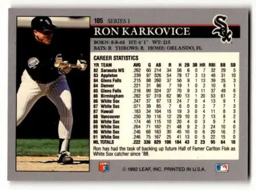 Ron Karkovice Chicago White Sox baseball card, original gloss, 1992 Leaf #105