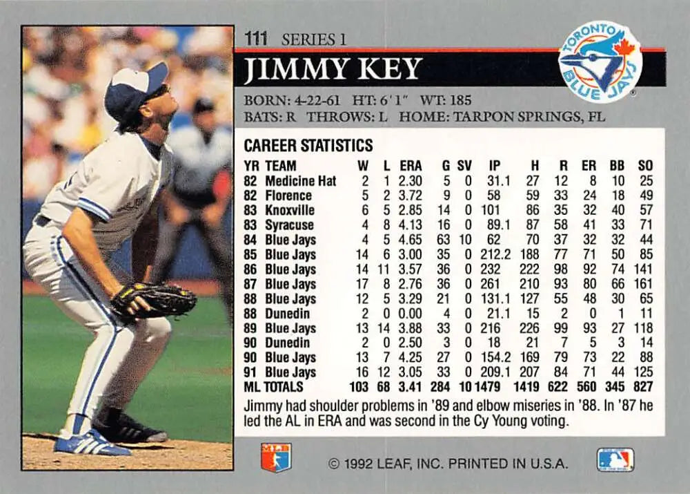 Blue Jays pitcher Jimmy Key in delivery, featured on 1992 Leaf baseball card