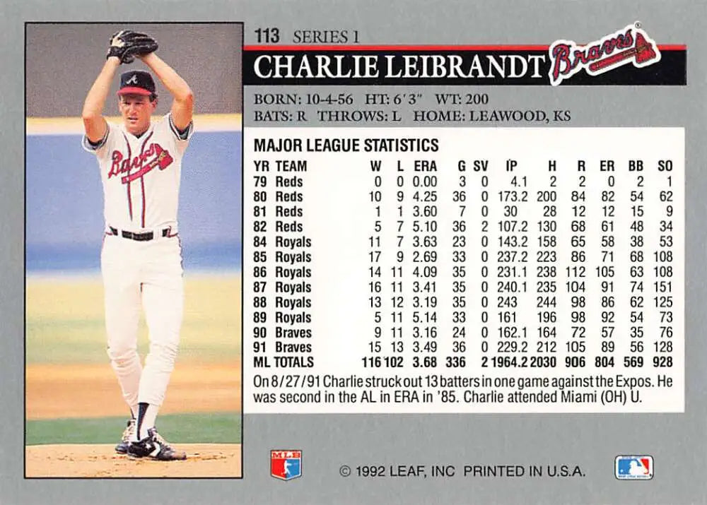 Baseball card of Charlie Leibrandt pitching for the Atlanta Braves in mid-delivery