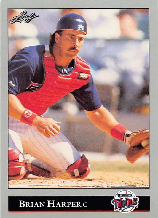 Minnesota Twins baseball card of Brian Harper in red chest protector at home plate