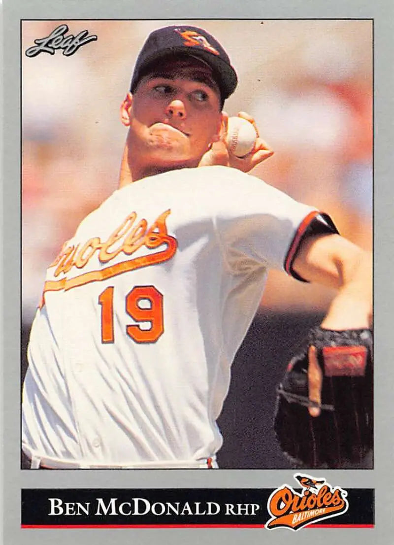 Ben McDonald Baltimore Orioles baseball card featuring pitcher in mid-throwing motion