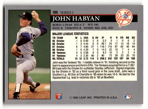 1992 Leaf #189 John Habyan EX/NM Yankees ID:60446 - Trading Cards