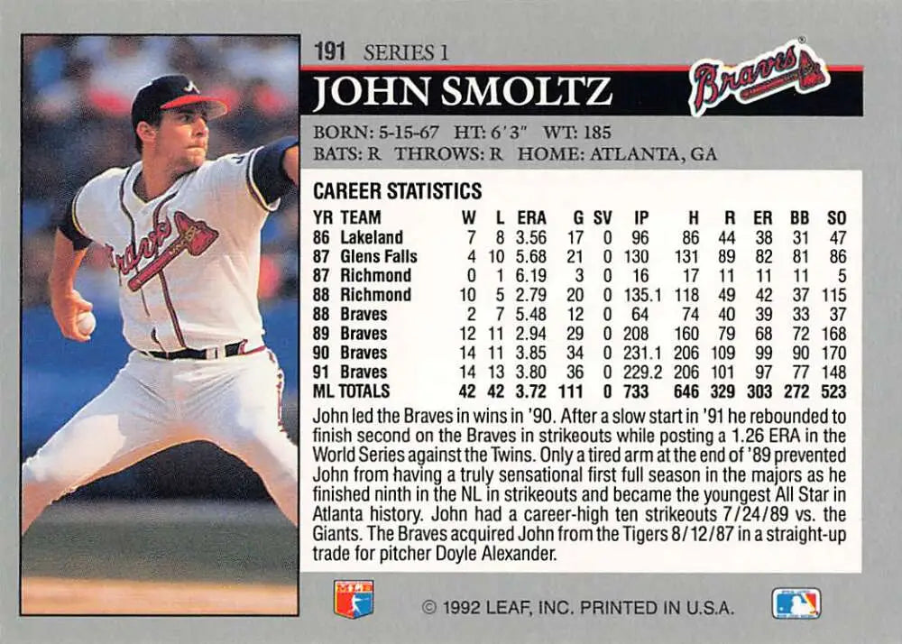 John Smoltz mid-delivery on 1992 Leaf Atlanta Braves Baseball Card