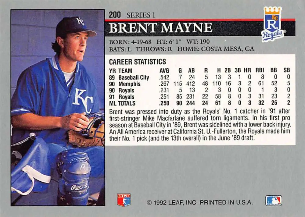 Baseball card of Kansas City Royals player Brent Mayne in navy blue uniform