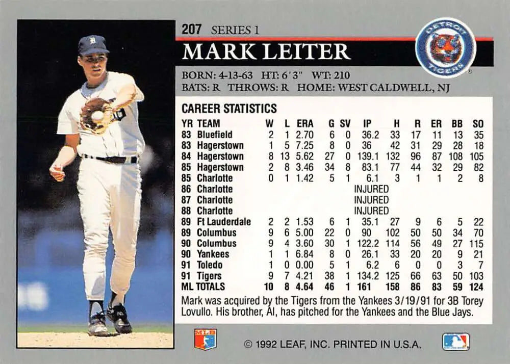 Mark Leiter Detroit Tigers baseball card in white uniform with stats on the back