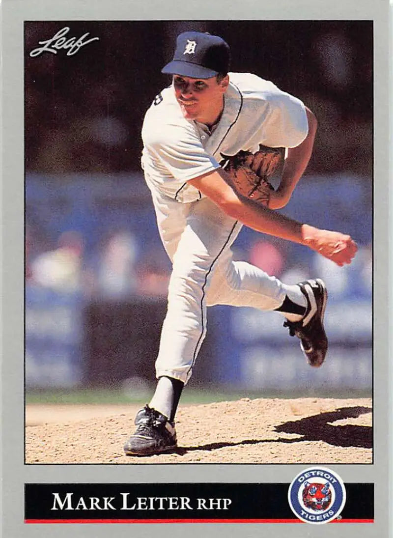 Mark Leiter delivering a pitch in a white Detroit Tigers uniform on a baseball card