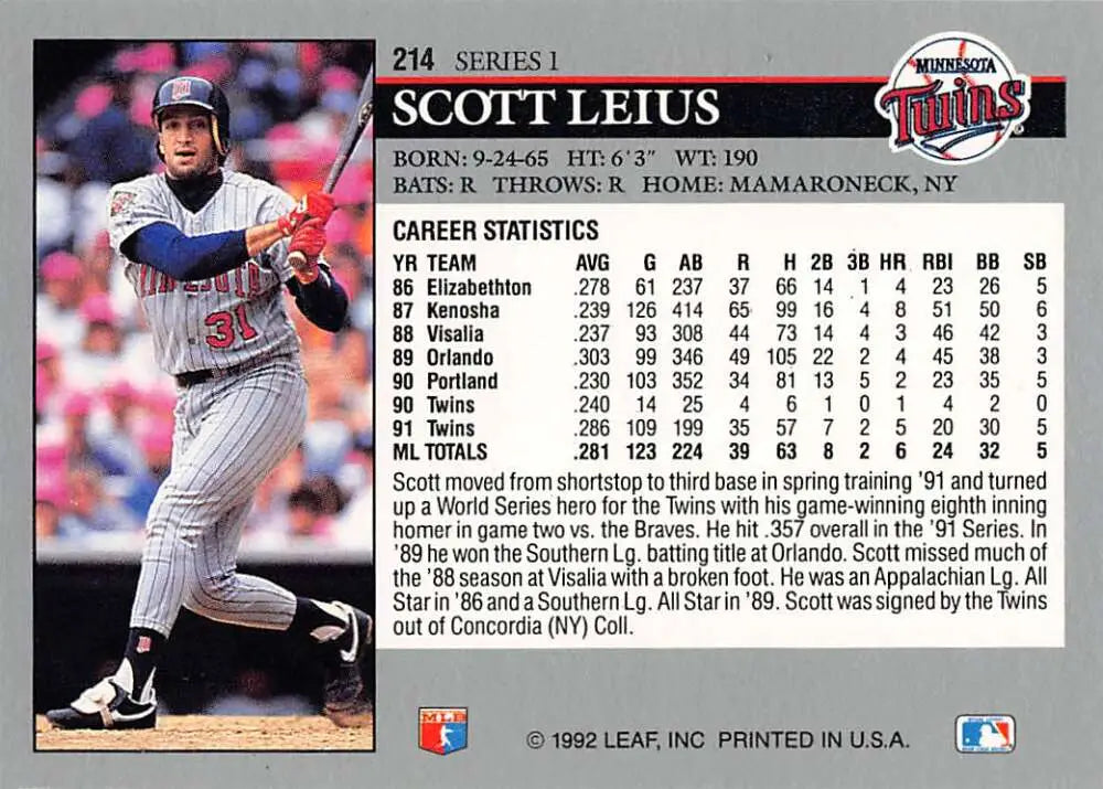 Scott Leius at bat in Minnesota Twins blue and white uniform baseball card