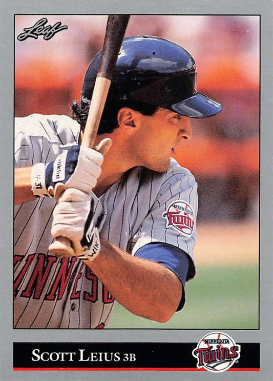Scott Leius Minnesota Twins baseball card featuring player in pinstripes at bat