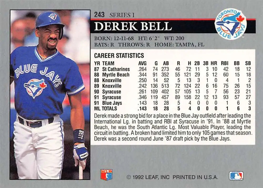 1992 Leaf #243 Derek Bell Baseball Card featuring Toronto Blue Jays player in blue uniform