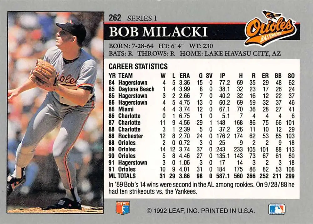 Baseball card of Bob Milacki pitching for Baltimore Orioles with career stats on back