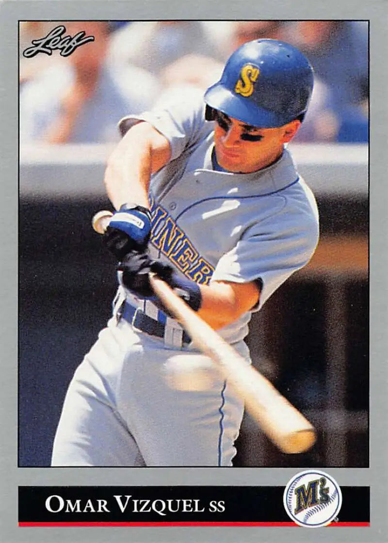 Omar Vizquel swinging a bat in Seattle Mariners uniform on a baseball card