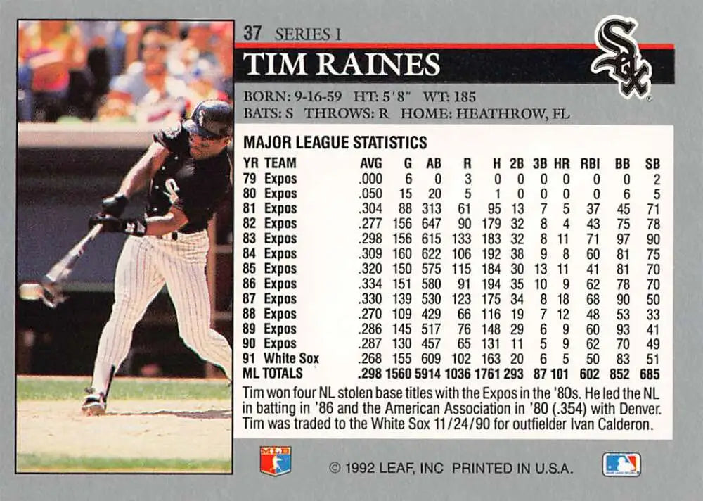 1992 Leaf #37 Tim Raines NM-MT Baseball Card of Chicago White Sox player batting