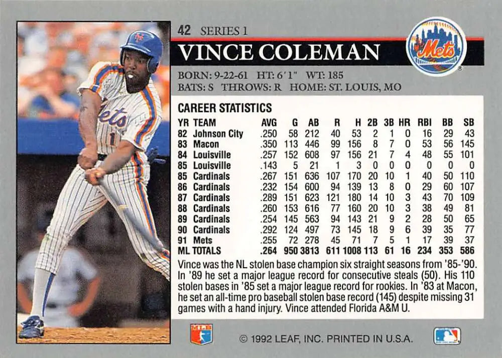 Vince Coleman batting on 1992 Leaf #42 New York Mets Baseball Card with stats