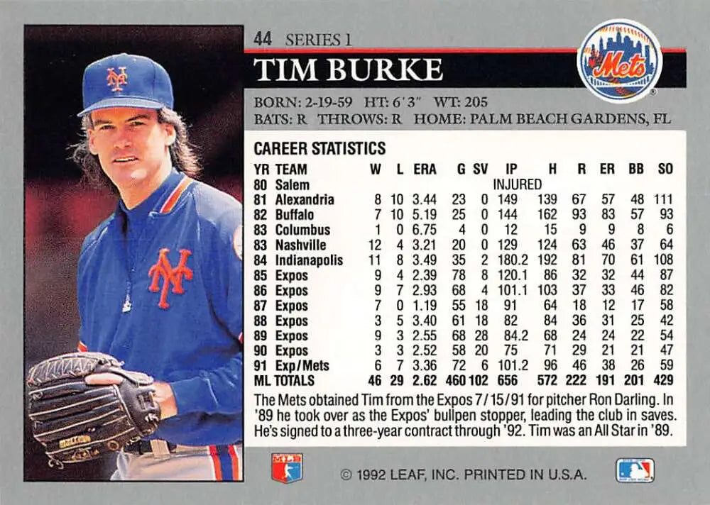 Tim Burke New York Mets baseball card showing player stats on the back