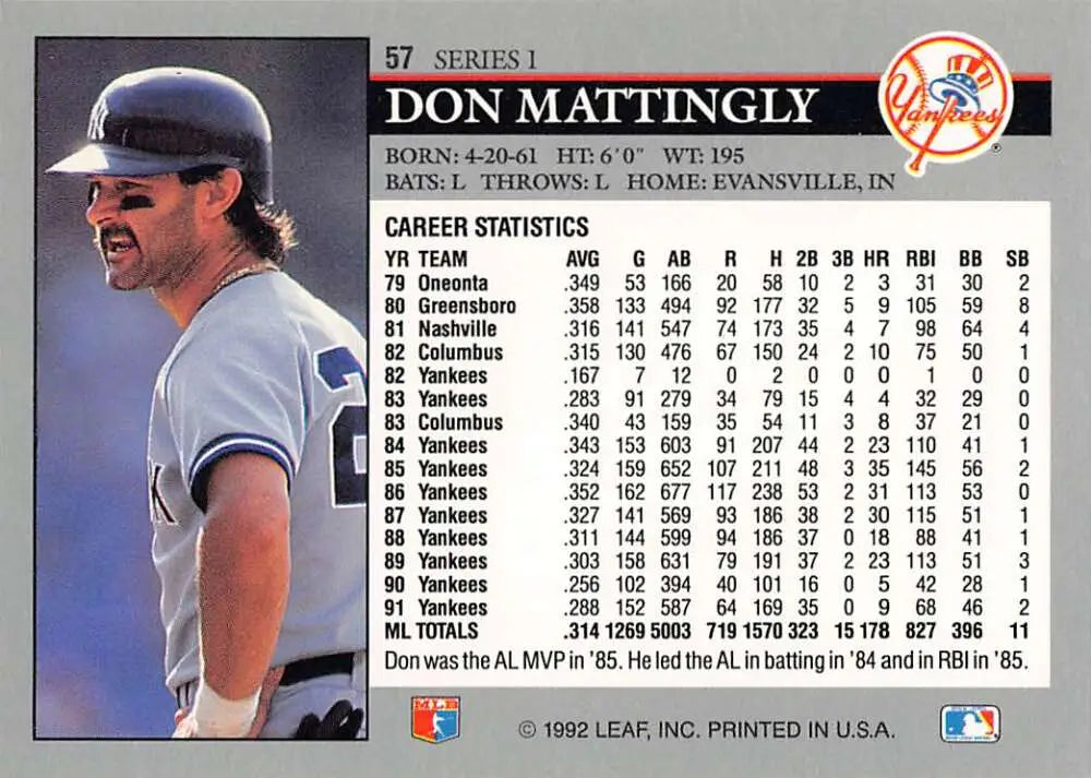 1992 Leaf Don Mattingly Baseball Card featuring New York Yankees player in NM-MT condition