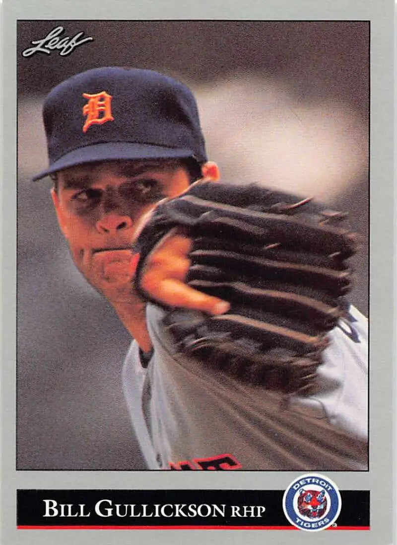 Baseball card of Detroit Tigers pitcher Bill Gullickson in mid-throwing motion
