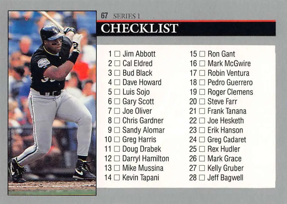 Baseball card checklist of Frank Thomas in dark White Sox uniform swinging bat