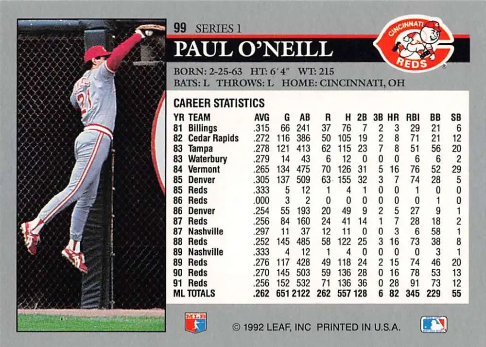 Baseball card of Paul O’Neill leaping for a catch with Cincinnati Reds stats on back